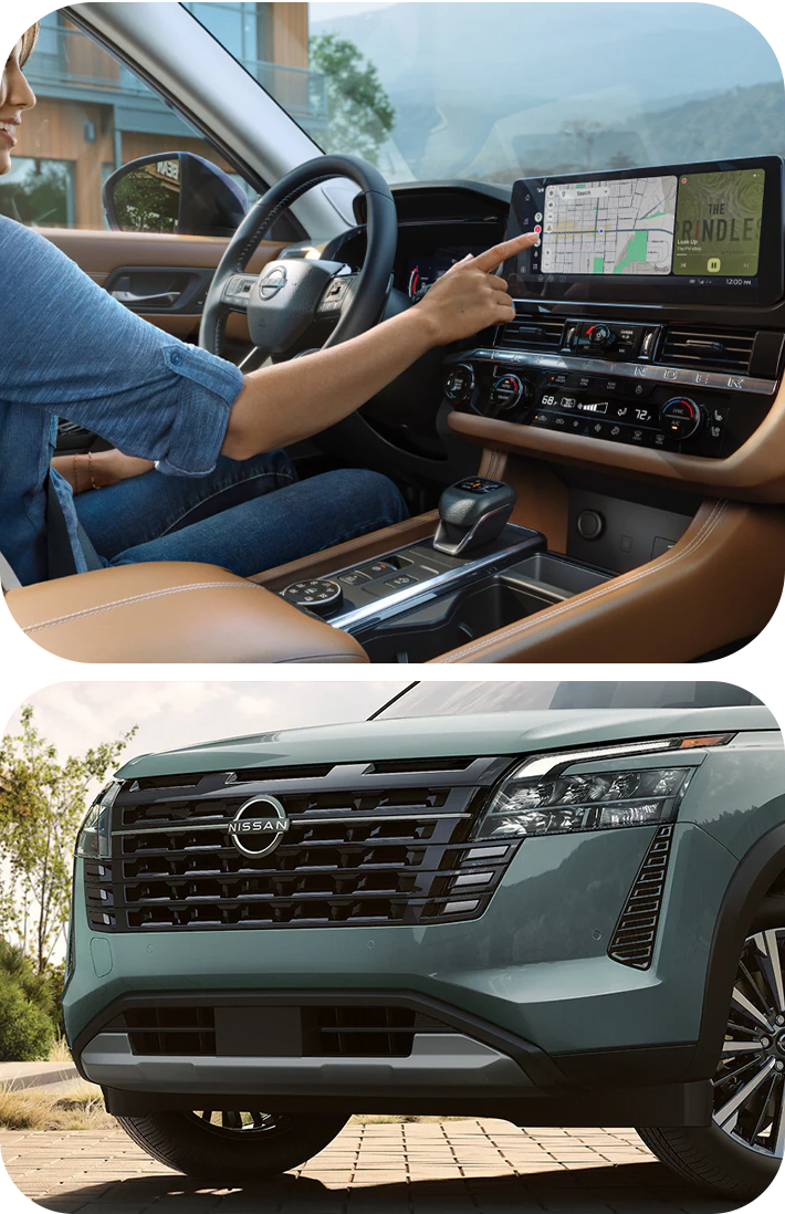 2025 Nissan Pathfinder at Timbrook Nissan | Woman sitting in the drivers seat of a 2026 Nissan Pathfinder / Front bumper of a 2026 Nissan Pathfinder 2025 Nissan Pathfinder at Timbrook Nissan | Woman sitting in the drivers seat of a 2026 Nissan Pathfinder / Front bumper of a 2026 Nissan Pathfinder