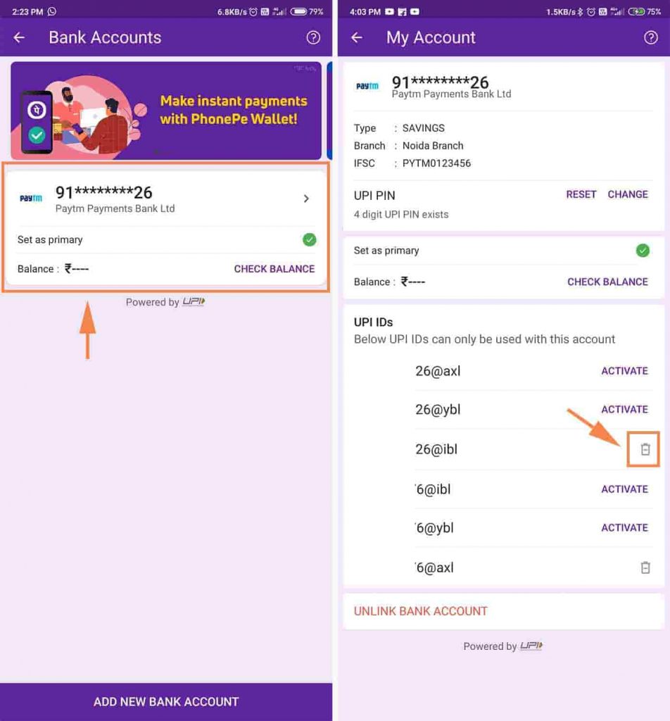 How can you delete a UPI ID in PhonePe?