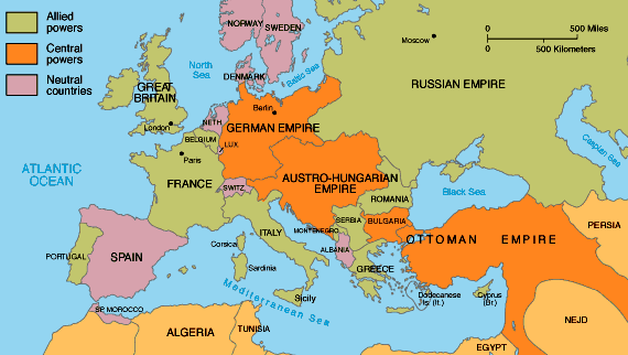 Allied Forces, Central Powers and the neutral countries shown on a European map