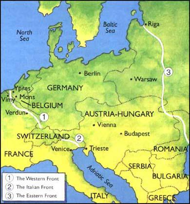 The Western, Eastern and Italian fronts during world war I shown on a European map.