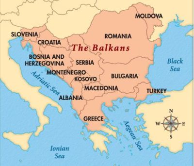 The Balkan peninsula shown on a European map
