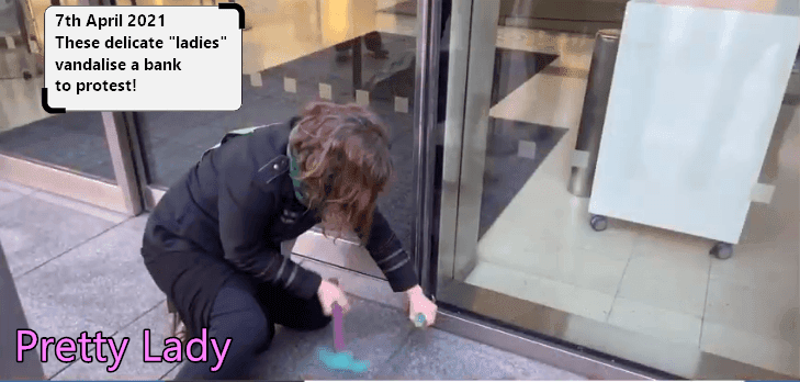 women protesters damage Barclays bank
