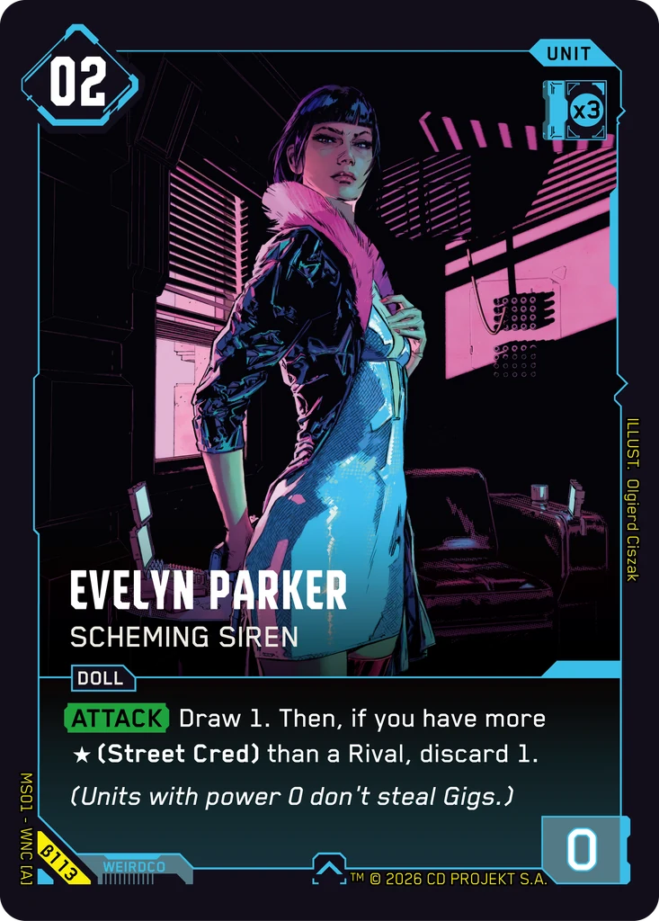 Evelyn Parker - Scheming Siren Welcome to Night City - Beta Cyberpunk TCG card