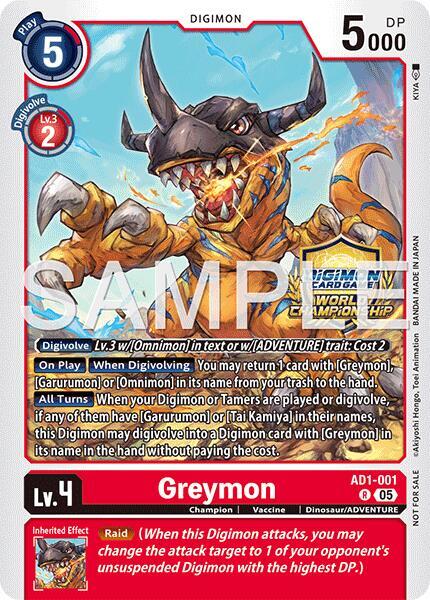 Greymon World Championship 26–27 Regionals Season 1 AD1-001 R Advanced Booster Digimon Generation Digimon card