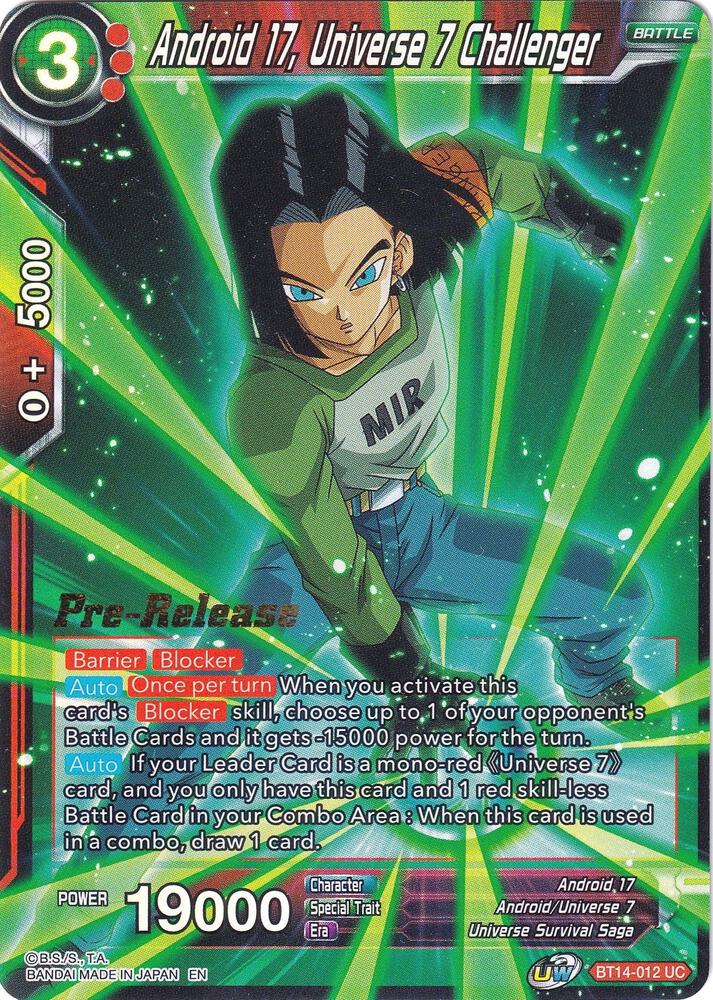 Android 17 Universe 7 Challenger BT14-012 Cross Spirits Pre-Release Cards Dragonball Super card