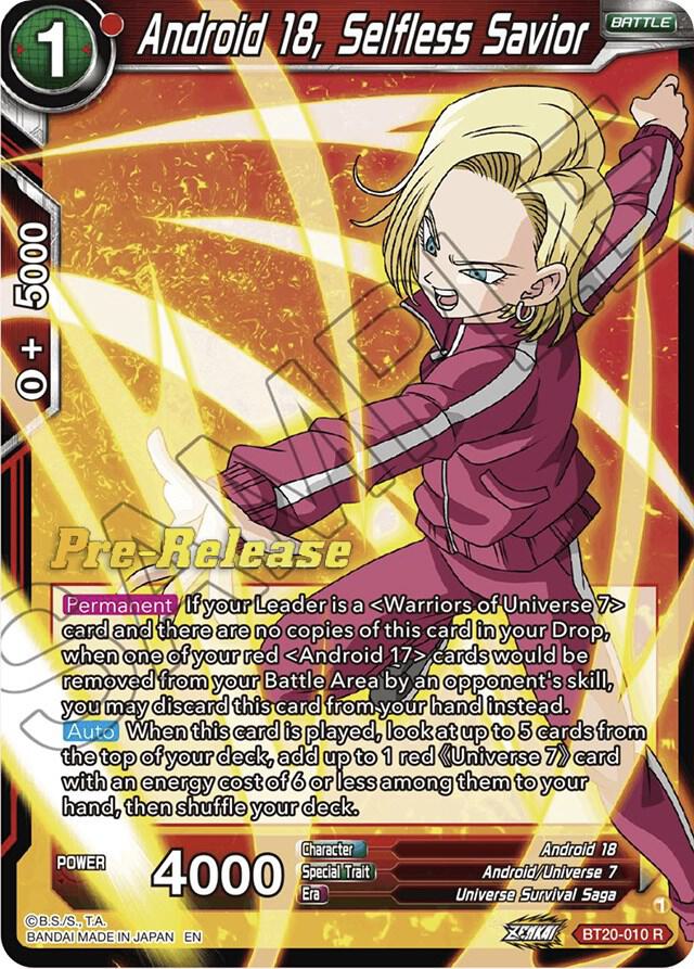 Android 18 Selfless Savior BT20-010 Power Absorbed Pre-Release Cards Dragonball Super card