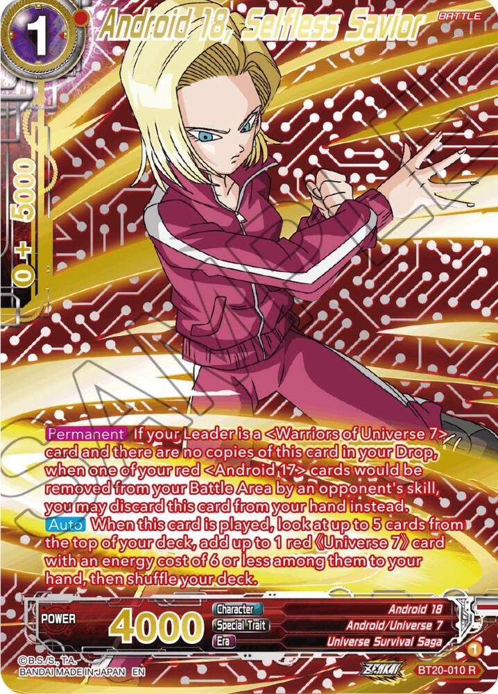 Android 18 Selfless Savior Gold Stamped BT20-010 Power Absorbed Dragonball Super card