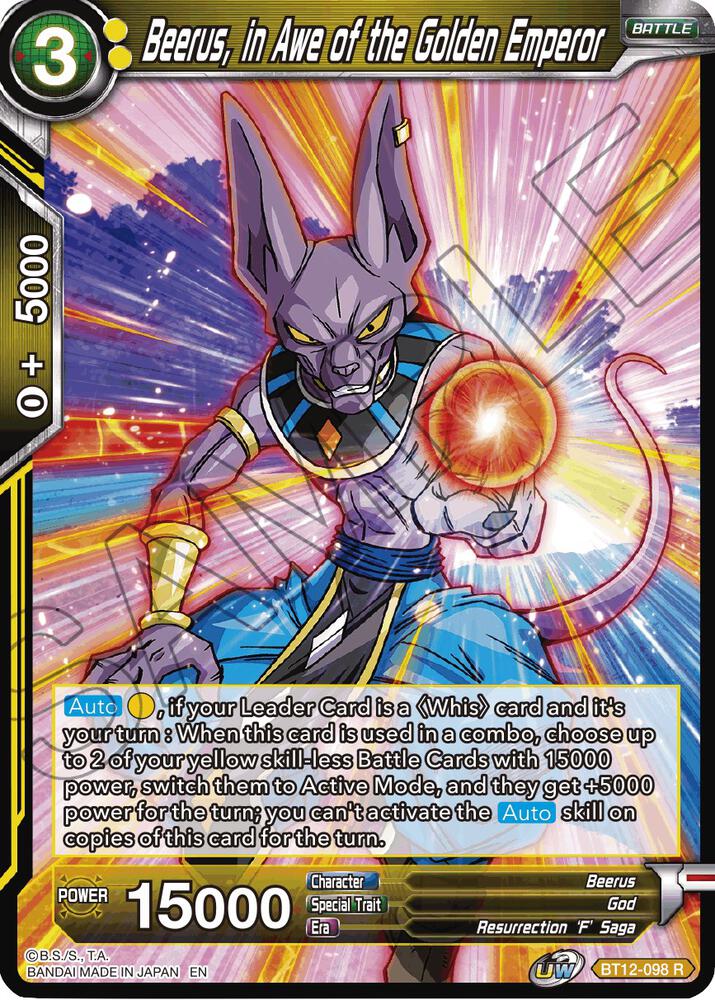 Beerus in Awe of the Golden Emperor BT12-098 Vicious Rejuvenation Dragonball Super card