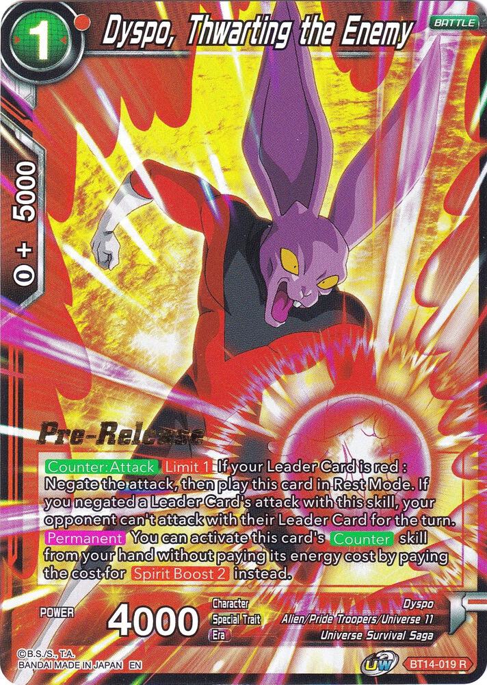 Dyspo Thwarting the Enemy BT14-019 Cross Spirits Pre-Release Cards Dragonball Super card