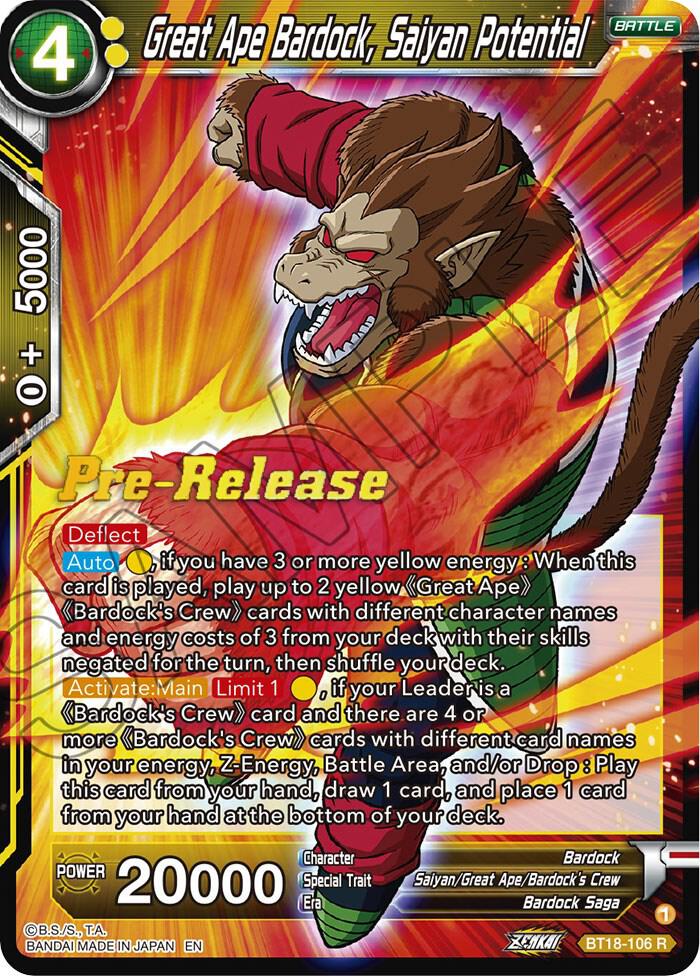 Great Ape Bardock Saiyan Potential BT18-106 Dawn of the Z-Legends Pre-Release Cards Dragonball Super card