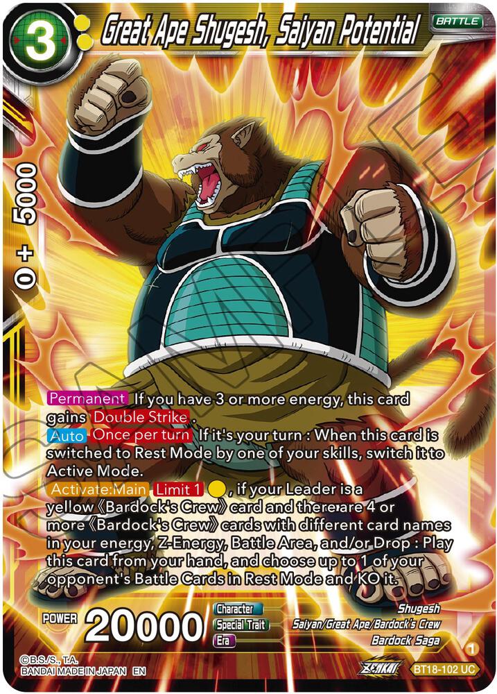 Great Ape Shugesh Saiyan Potential Foil BT18-102 Dawn of the Z-Legends Dragonball Super card