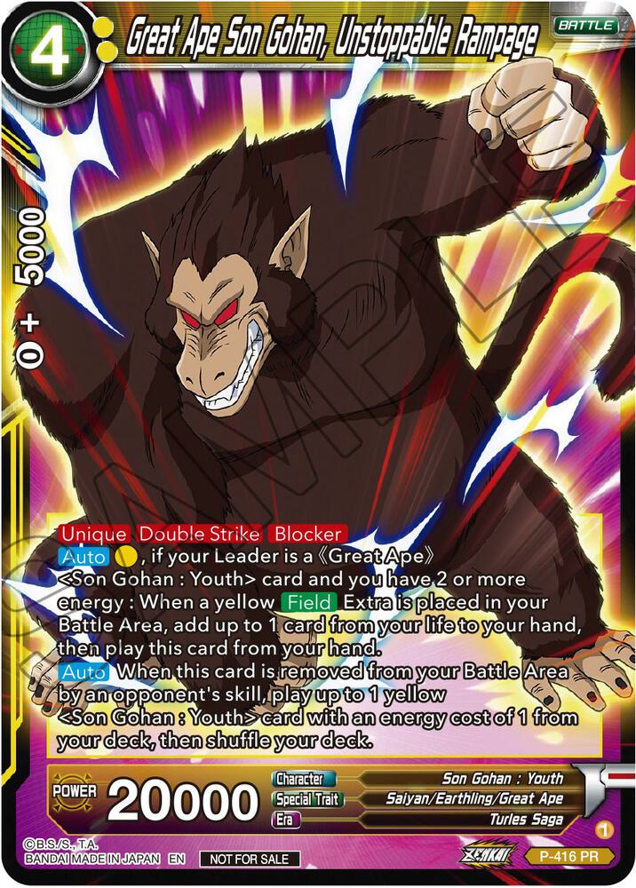 Great Ape Son Gohan Unstoppable Rampage Zenkai Series Tournament Pack Vol1 P-416 Tournament Promotion Cards Dragonball Super card