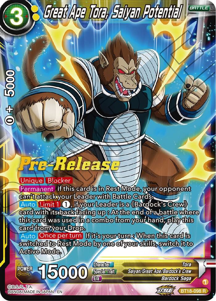 Great Ape Tora Saiyan Potential BT18-098 Dawn of the Z-Legends Pre-Release Cards Dragonball Super card