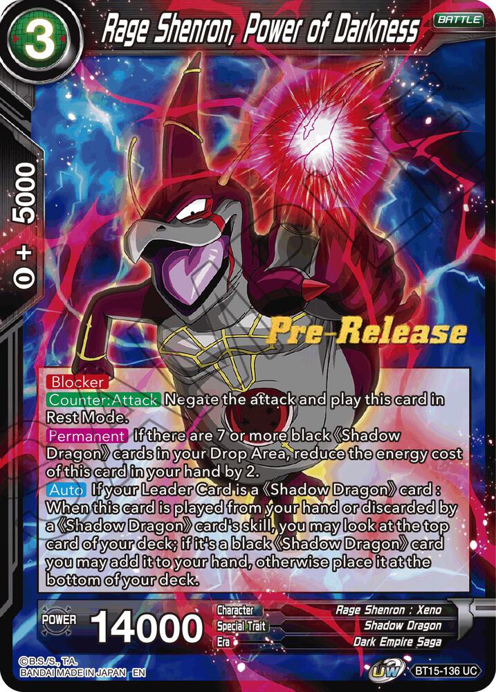 Rage Shenron Power of Darkness BT15-136 Saiyan Showdown Pre-Release Cards Dragonball Super card