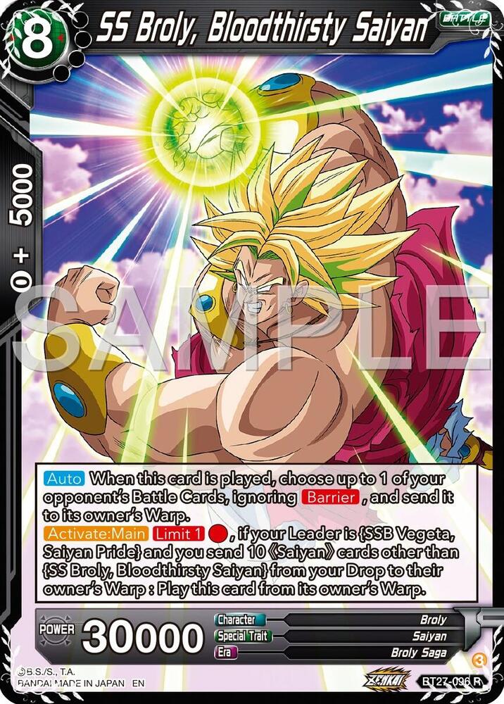 SS Broly Bloodthirsty Saiyan Foil BT27-096 History of Z Dragonball Super card
