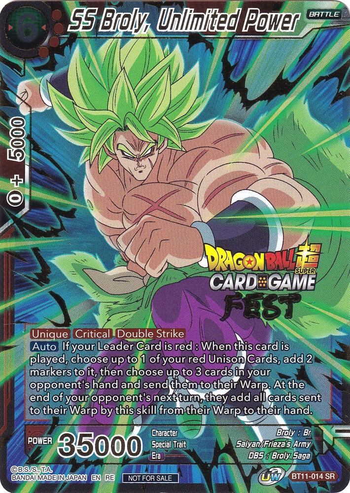 SS Broly Unlimited Power Card Game Fest 2022 BT11-014 Tournament Promotion Cards Dragonball Super card
