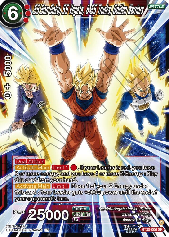 SS Son Goku SS Vegeta and SS Trunks Golden Warriors BT30-006 Three Glorious Fighters Dragonball Super card