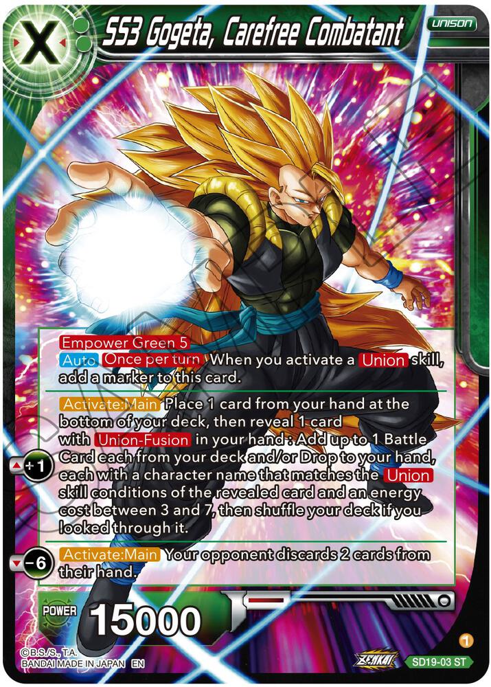 SS3 Gogeta Carefree Combatant SD19-03 Dawn of the Z-Legends Dragonball Super card
