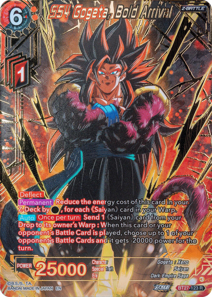 SS4 Gogeta Bold Arrival Gold Stamped BT27-123 History of Z Dragonball Super card