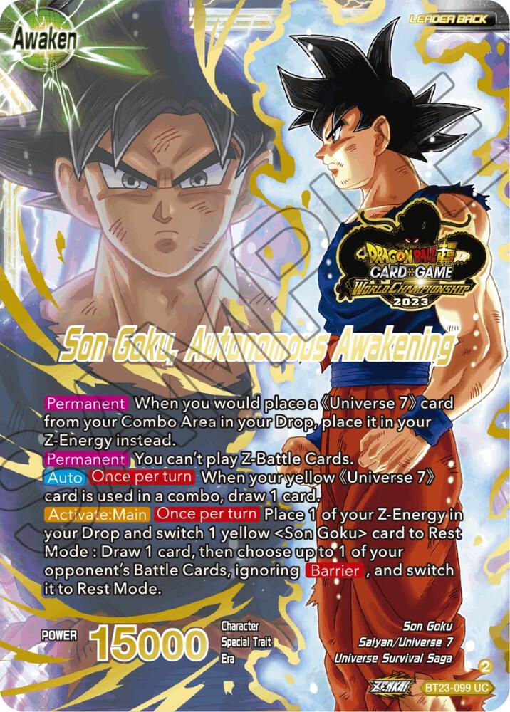 SSB Son Goku Son Goku Autonomous Awakening 2023 Worlds ZENKAI 06 Leader Set BT23-099 Tournament Promotion Cards Dragonball Super card