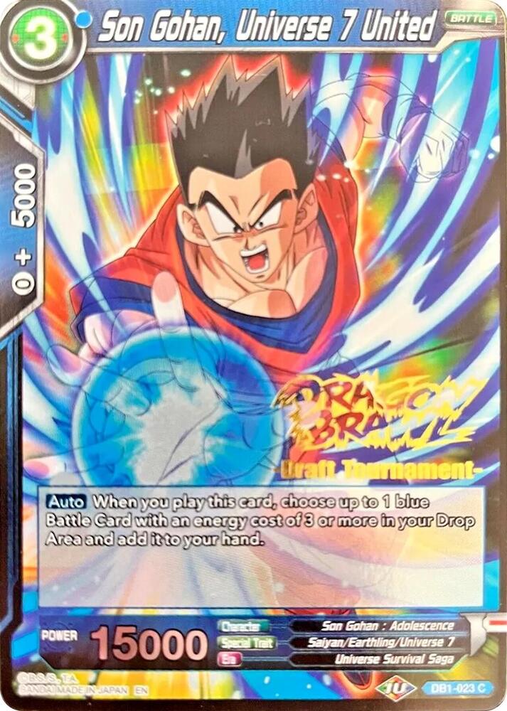 Son Gohan Universe 7 United Dragon Brawl Draft Tournament Gold Stamped Foil DB1-023 Promotion Cards Dragonball Super card