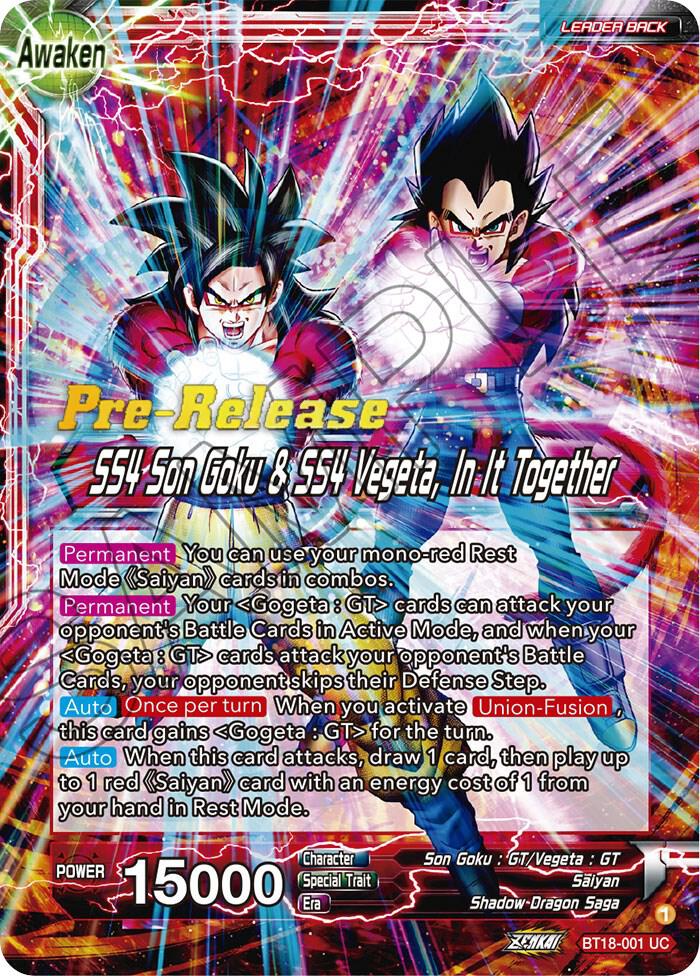 Son Goku and Vegeta SS4 Son Goku and SS4 Vegeta In It Together BT18-001 Dawn of the Z-Legends Pre-Release Cards Dragonball Super card