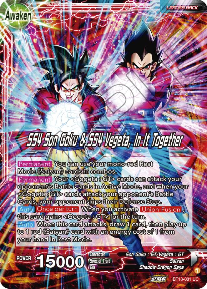 Son Goku and Vegeta SS4 Son Goku and SS4 Vegeta In It Together BT18-001 Dawn of the Z-Legends Dragonball Super card