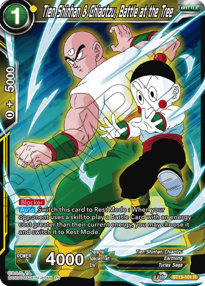 Tien Shinhan and Chiaotzu Battle at the Tree Foil BT15-101 Saiyan Showdown Dragonball Super card