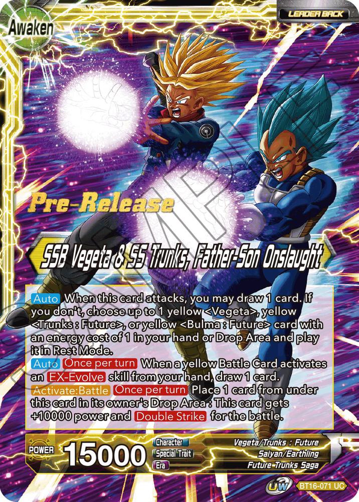 Trunks SSB Vegeta and SS Trunks Father Son Onslaught BT16-071 Realm of the Gods Pre-Release Cards Dragonball Super card