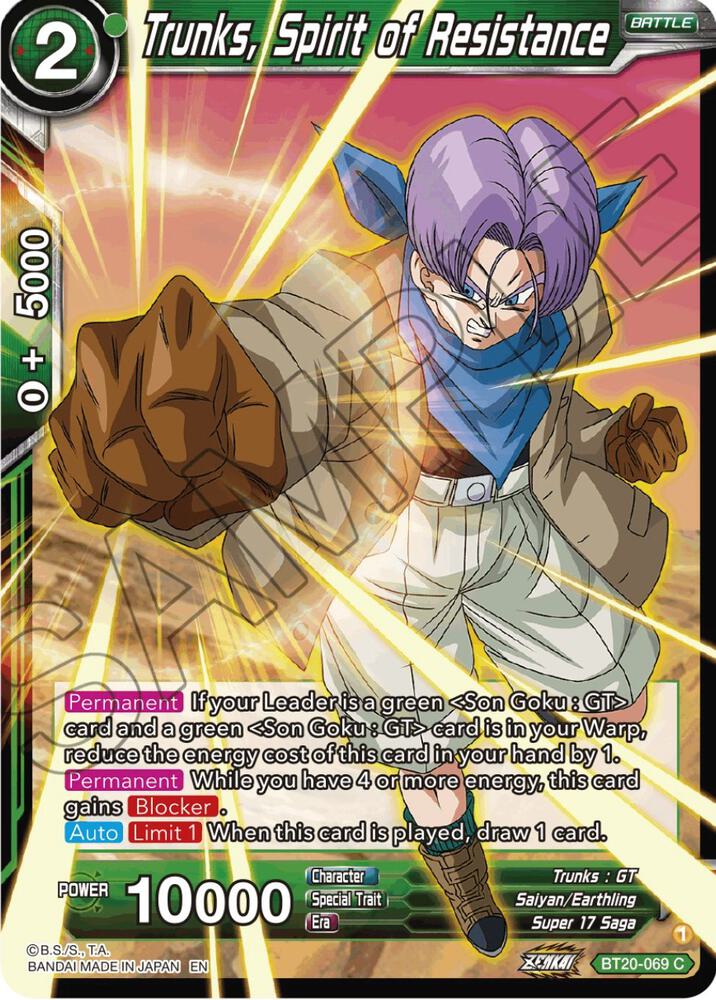 Trunks Spirit of Resistance Foil BT20-069 Power Absorbed Dragonball Super card