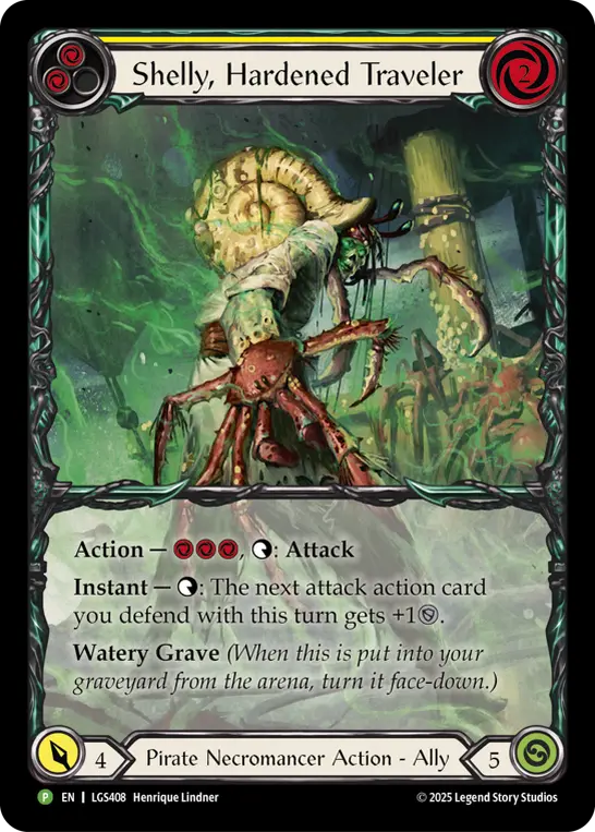Shelly, Hardened Traveler YELLOW LGS408-RF - World Premiere - High Seas - Flesh and blood card
