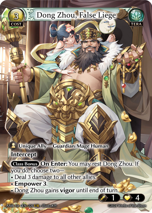Dong Zhou, False Liege AMB 1st-EN-220-Normal-Ultra Rare (UR) - Mortal Ambition First Edition - Grand Archive Card
