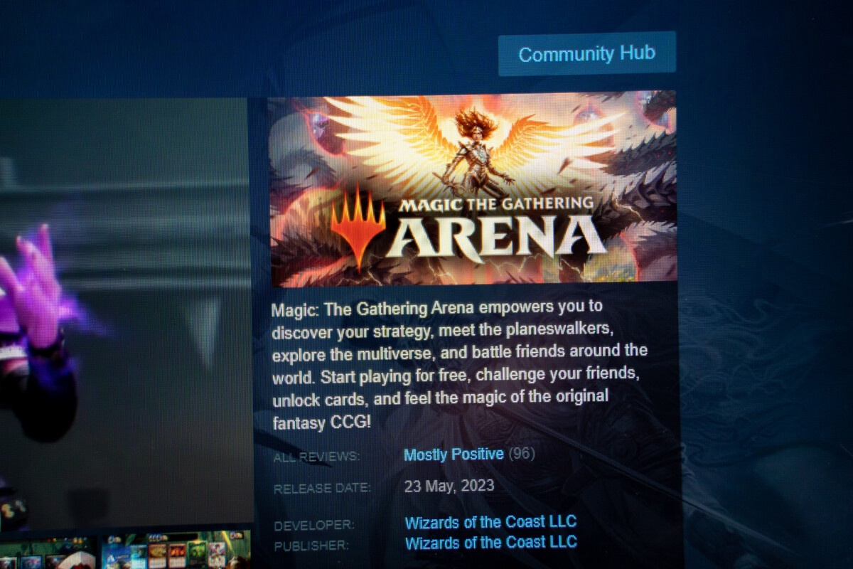 MTG Arena Steam store page showing a digital TCG screenshot