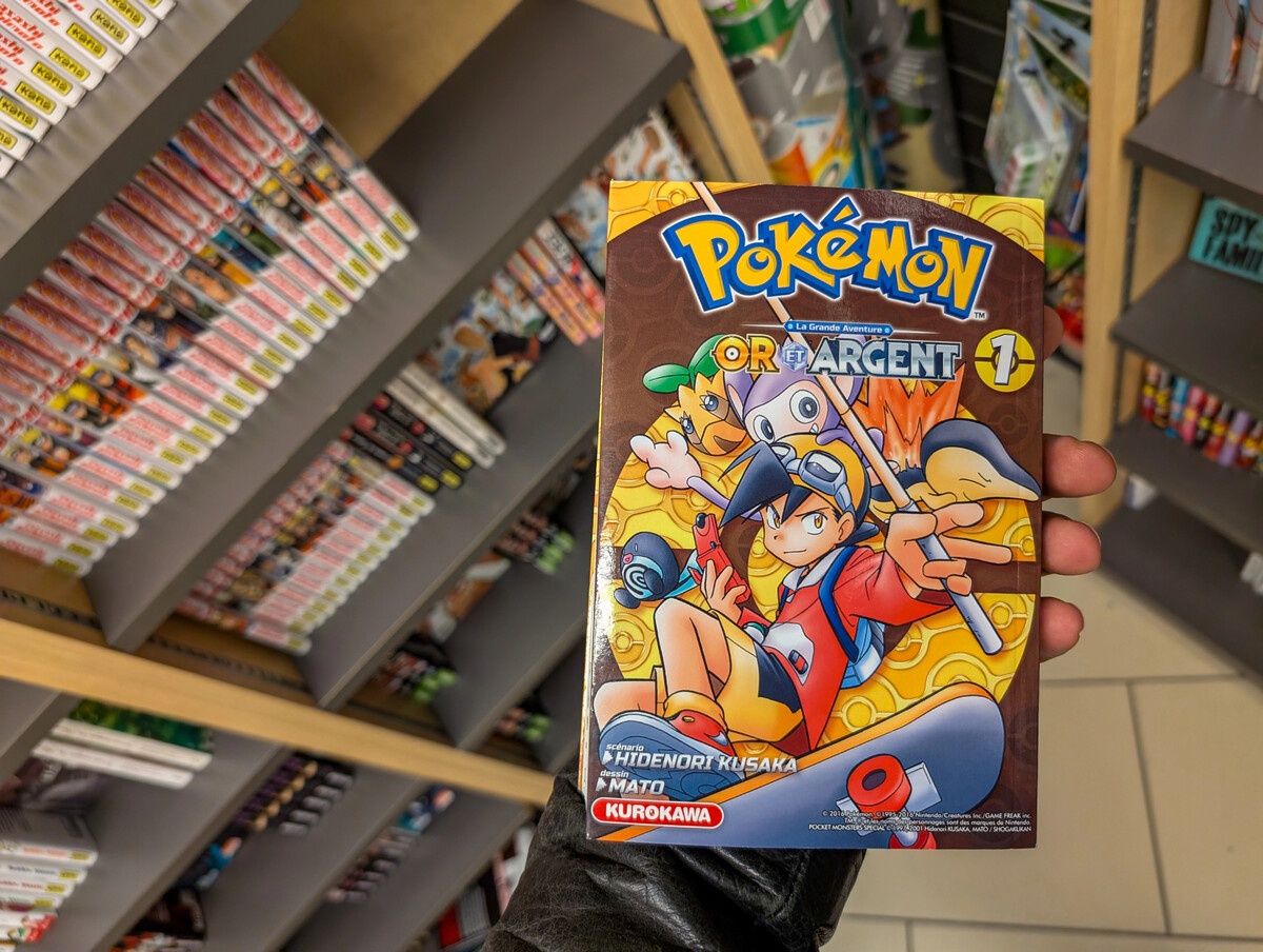 Pokemon manga or argent product being hand held in a store