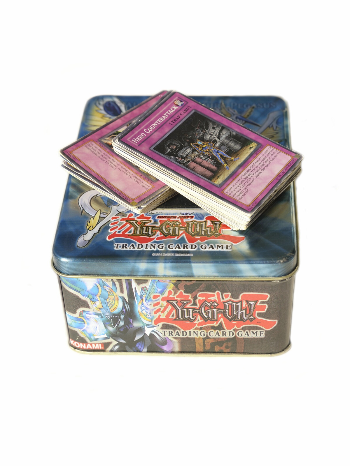 Yu-Gi-Oh collector tin with cards inside showing vintage nostalgia