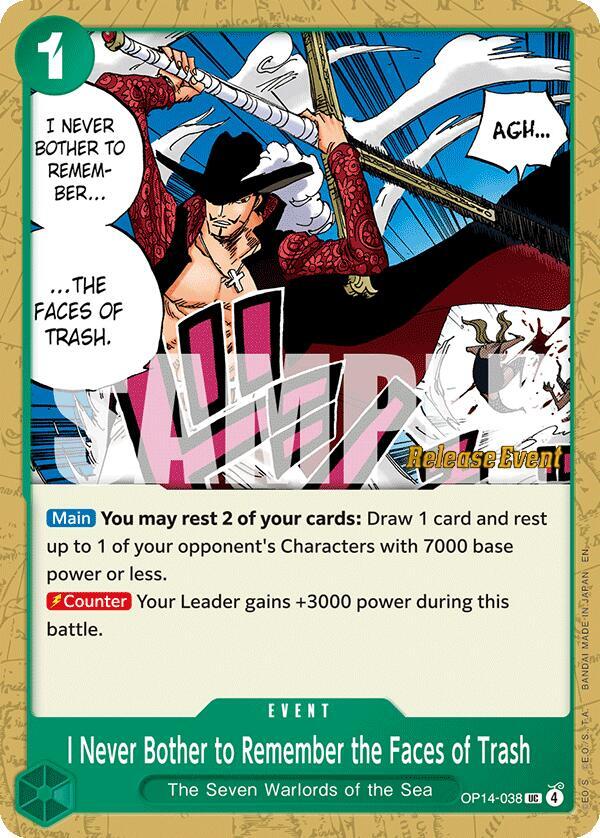I Never Bother to Remember the Faces of Trash OP14-038 The Azure Sea's Seven Release Event Cards Card