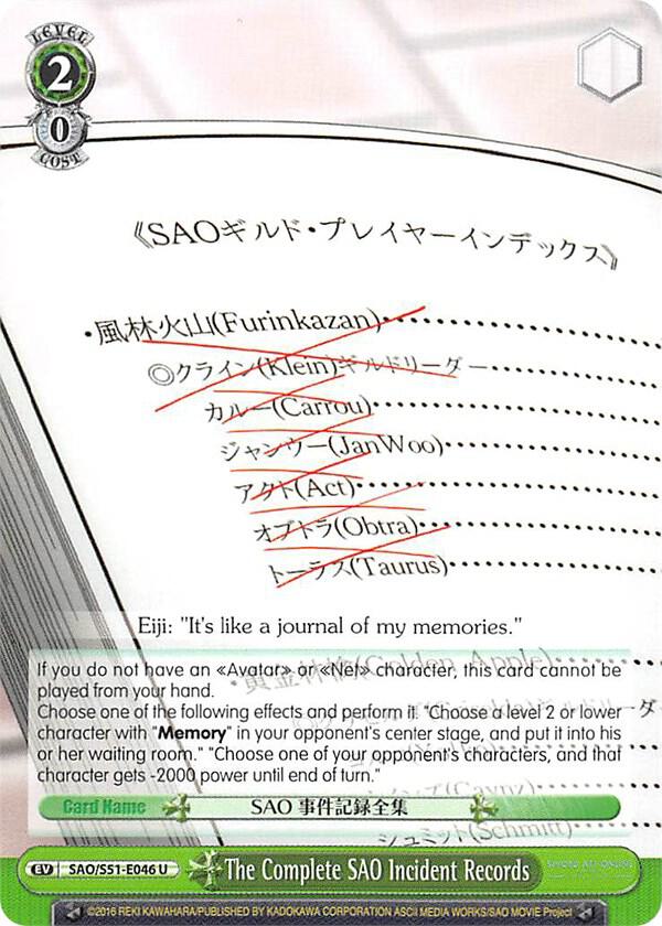 The Complete SAO Incident Records SAO/S51-E046 U Sword Art Online The Movie: -Ordinal Scale- Card