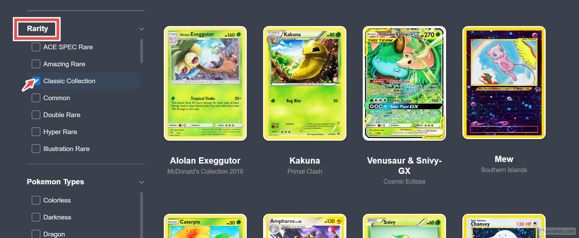 How to View All Pokemon Cards With a Specific Rarity — step 2