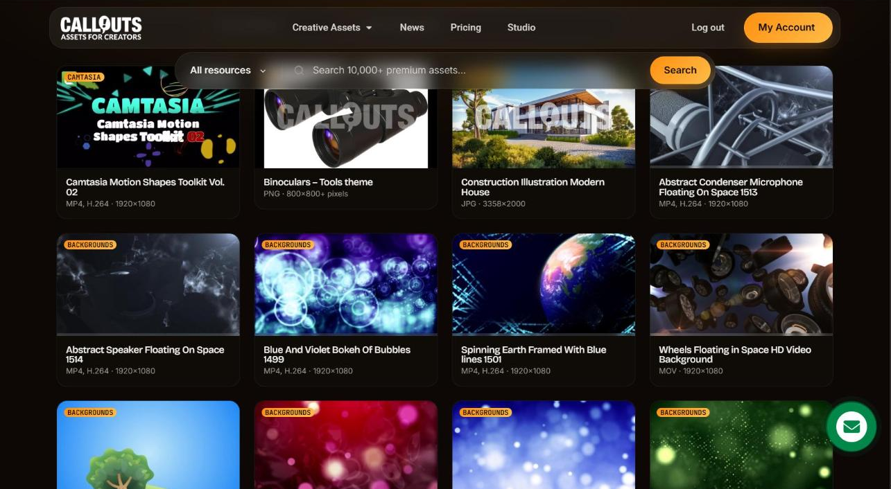 The full library, 100 assets to a page