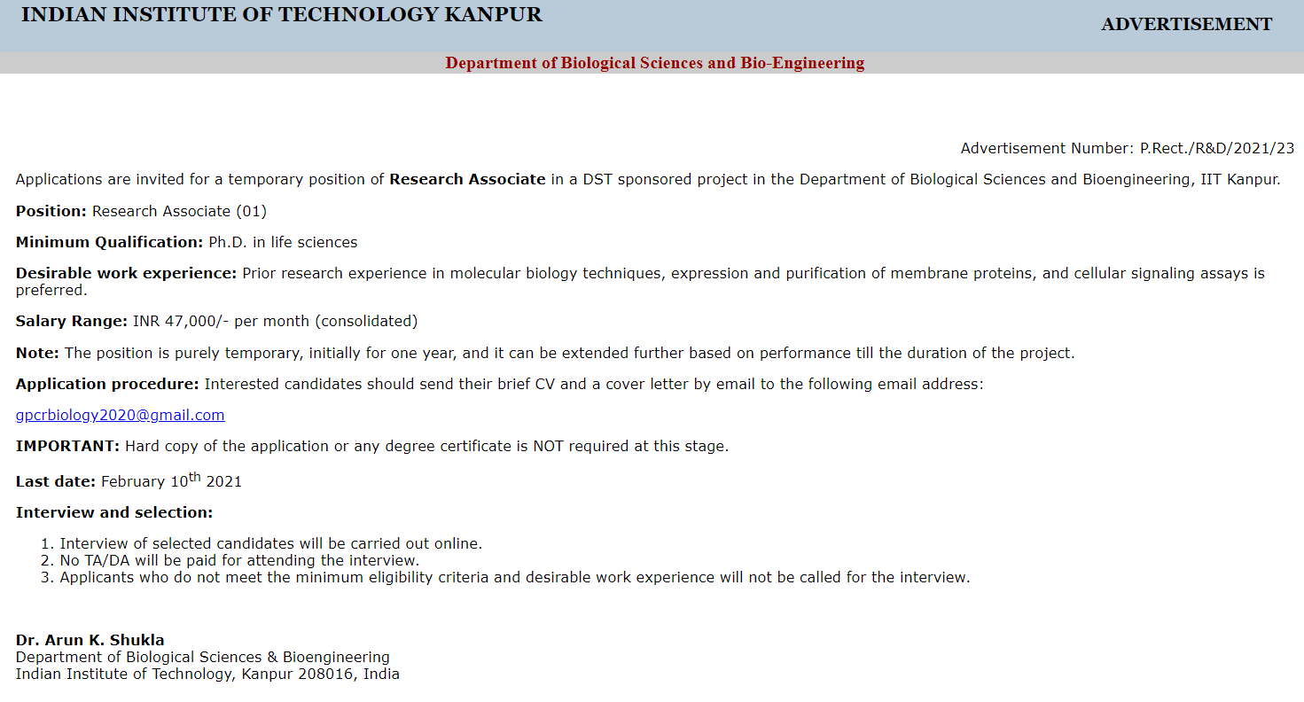 research project positions in india