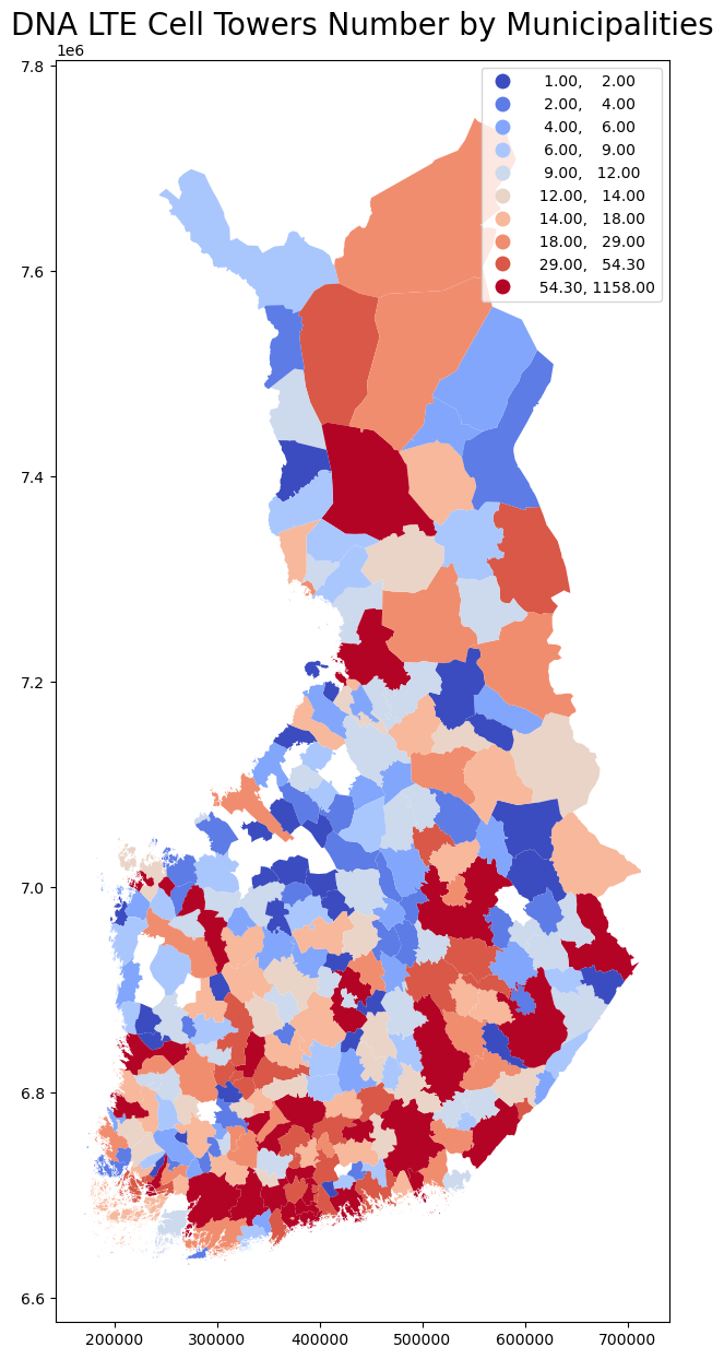 DNA LTE Cell Towers Number by Municipalities