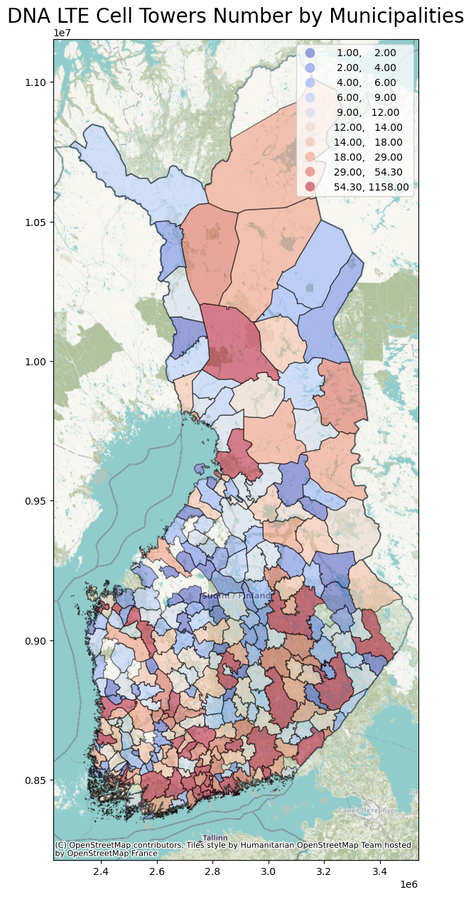 DNA LTE Cell Towers Number by Municipalities with Basemap