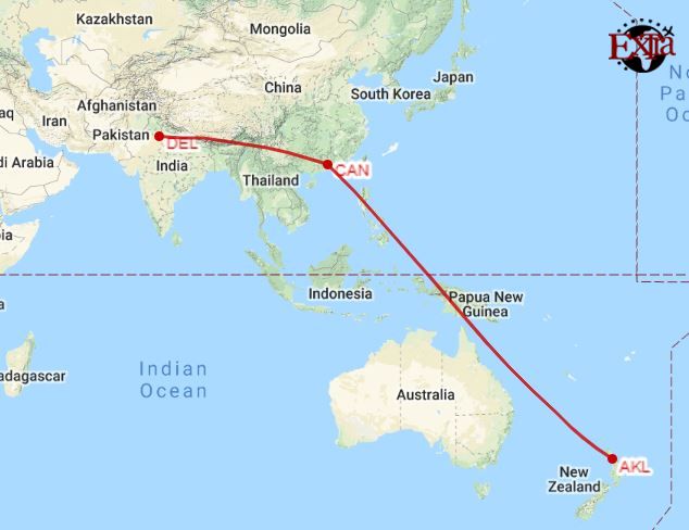 Delhi to Auckland Map