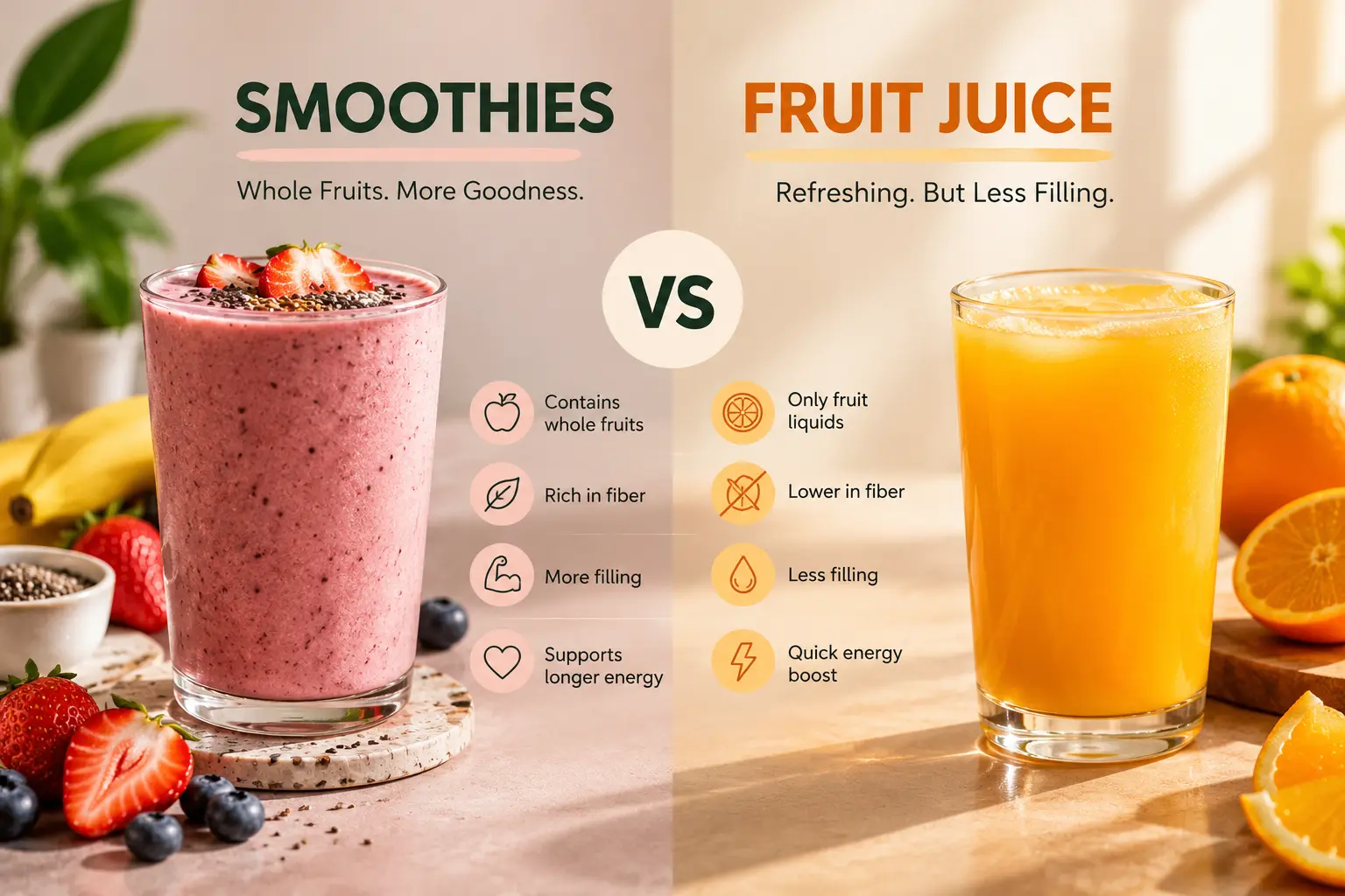 Smoothies vs fruit juice comparison showing a berry smoothie and orange juice, highlighting the benefits of whole fruit smoothies, fiber, fullness, and popular fruit smoothie options in India. Best Smoothies in India