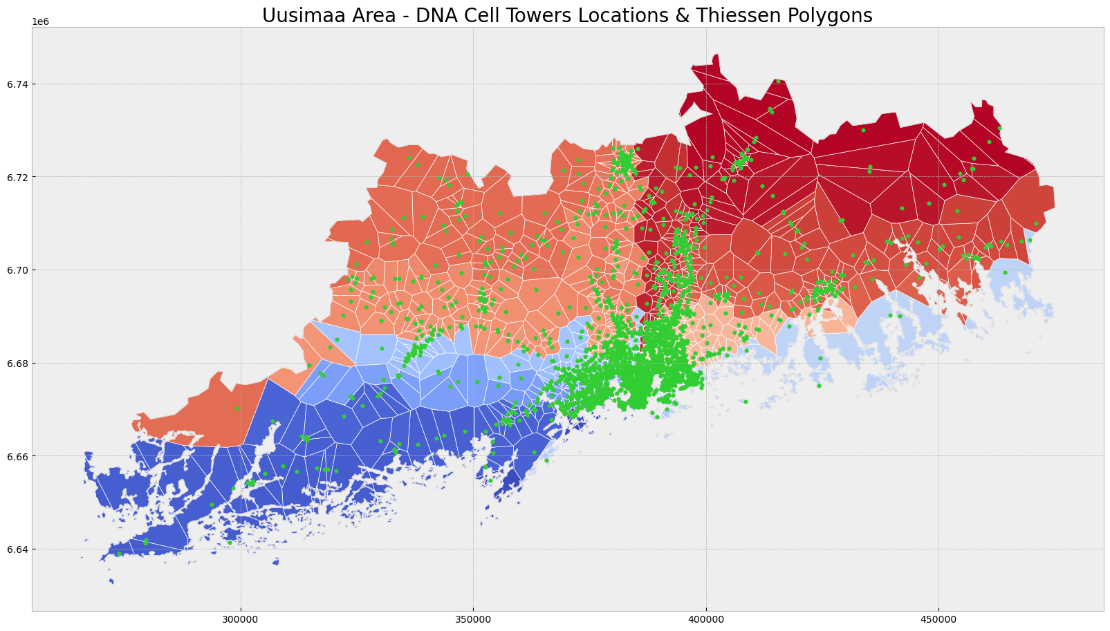 Uusimaa Area - DNA Cell Towers Locations & Thiessen Polygons