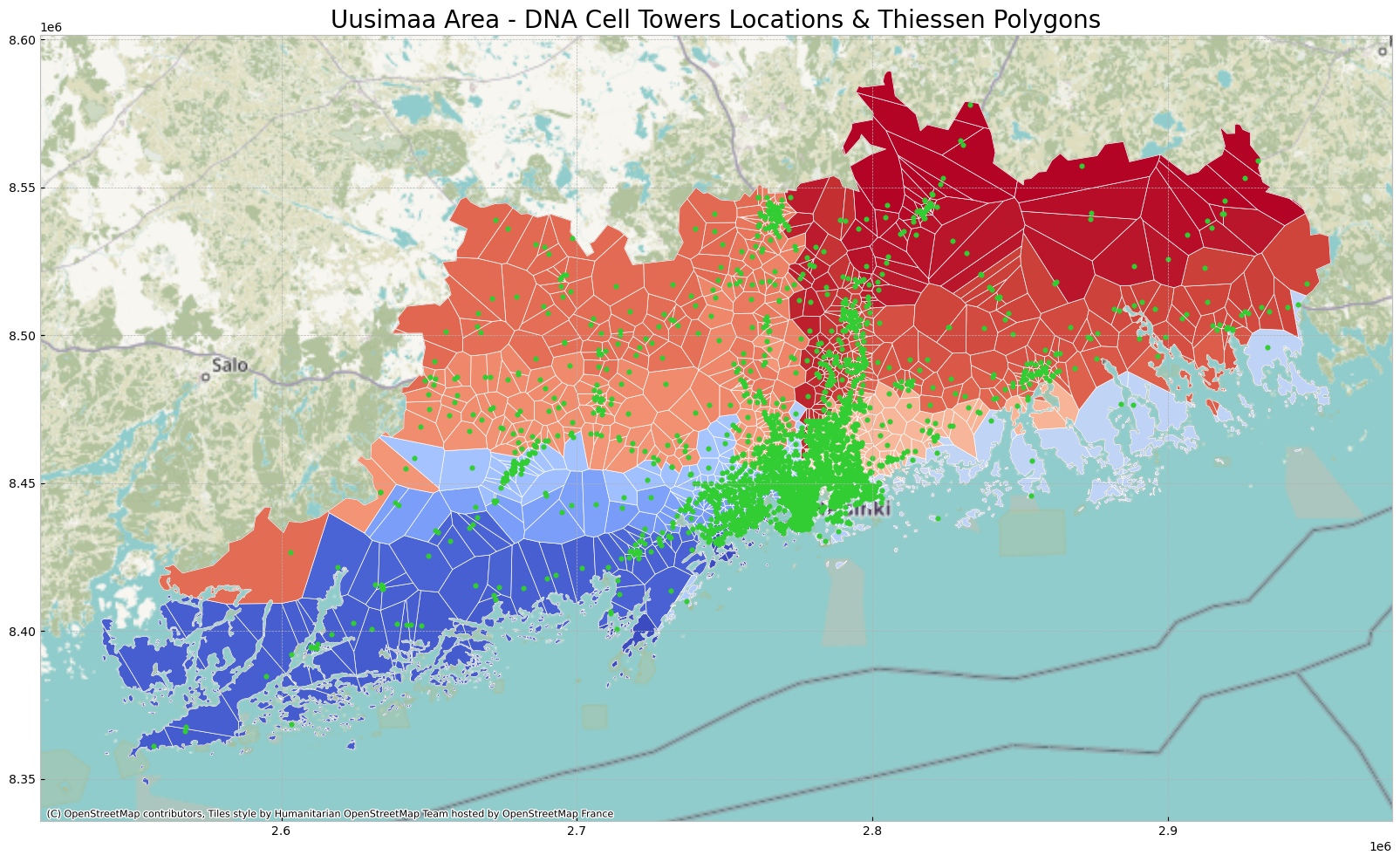 Uusimaa Area - DNA Cell Towers Locations & Thiessen Polygons with Basemap