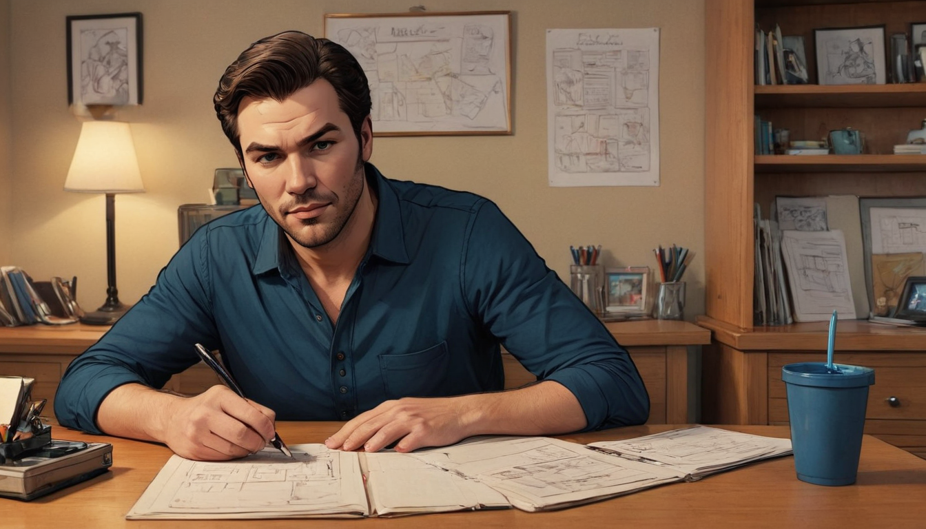 Un hombre con una camisa azul está sentado en un escritorio, trabajando en bocetos y diagramas en un cuaderno. Sobre el escritorio hay una taza azul con una pajita. En la pared detrás de él hay varios dibujos relacionados con los plazos de bancarrota.