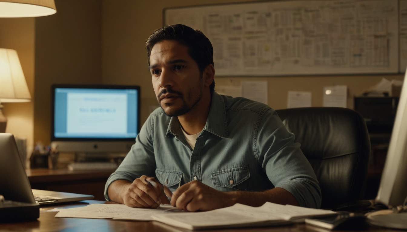 A man sits at a desk cluttered with papers, looking thoughtful, in a dimly lit office with a computer displaying bankruptcy meeting of creditors questions in the background.