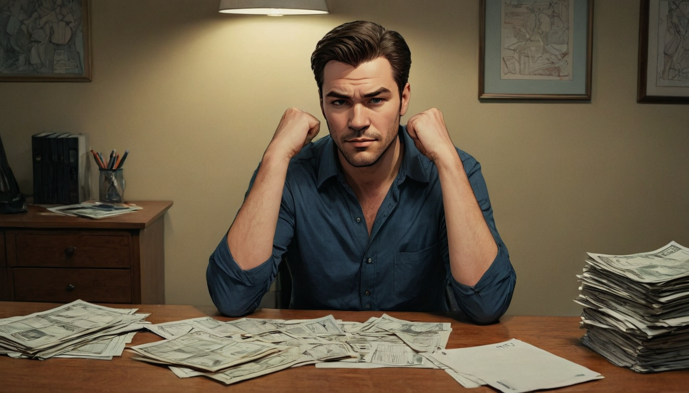 Un hombre sentado en un escritorio con montones de dinero y documentos, parece sumido en sus pensamientos sobre el proceso de insolvencia, apoyando los codos sobre la mesa. Al fondo se ven una lámpara y un arte mural.