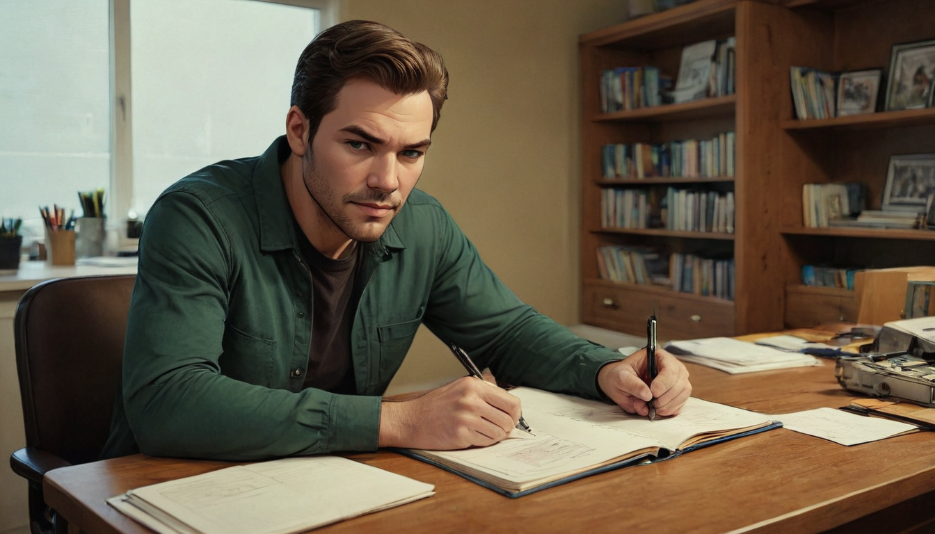 Un hombre de cabello oscuro y camisa verde está sentado en un escritorio de madera, escribiendo en un cuaderno con bolígrafos en ambas manos, investigando cuánto dura el proceso de bancarrota. Hay una estantería detrás de él y una gran ventana a su izquierda.